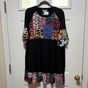 Colorful Leopard Print Ruffle-Sleeve Mini Dress - Black